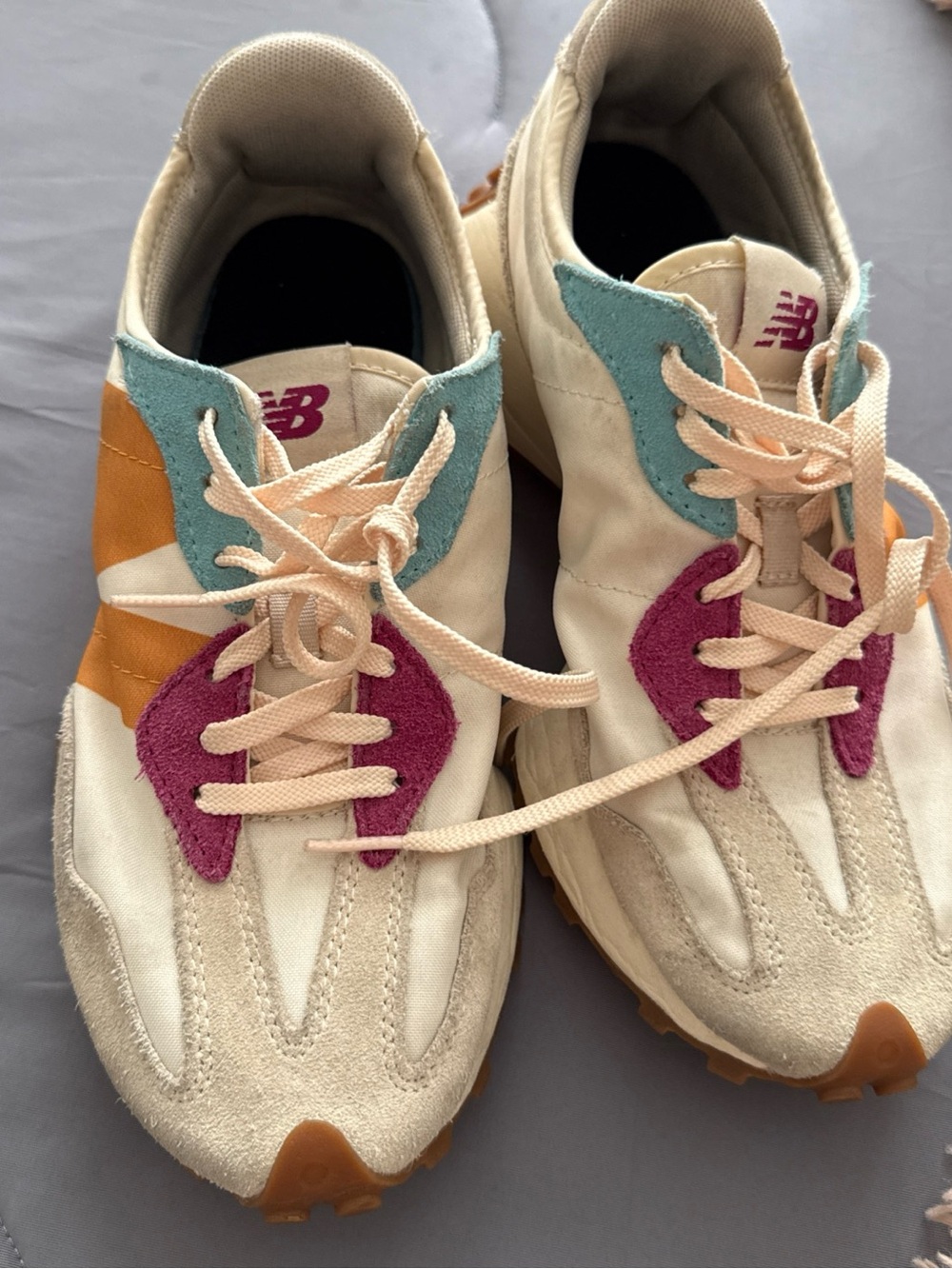 New Balance women’s Cream Sneakers with Teal, Magenta & Mustard Accents